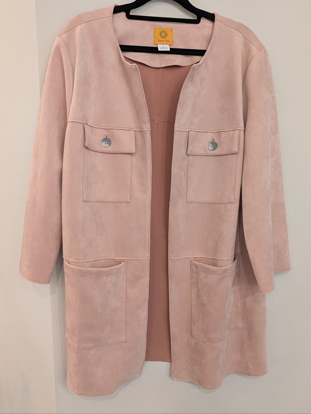 Ruby Rd. Blush Pink Faux Suede Jacket Duster 3/4 Length Sleeve Women's Size 14